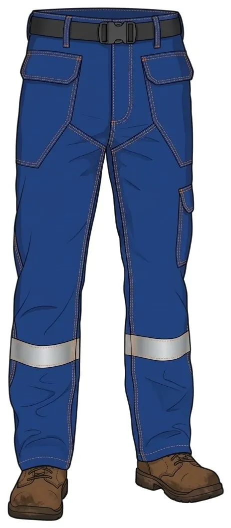 Illustration of the PC4501 wildland chainsaw pant: flapped pockets and FR reflective bands at the lower leg