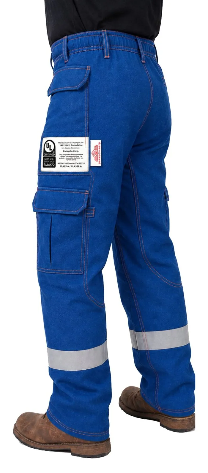 Side view of the PC4501 wildland chainsaw pant showing the bilingual UL label, flapped cargo pocket and FR reflective bands